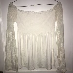 White off the shoulder long sleeve lace shirt